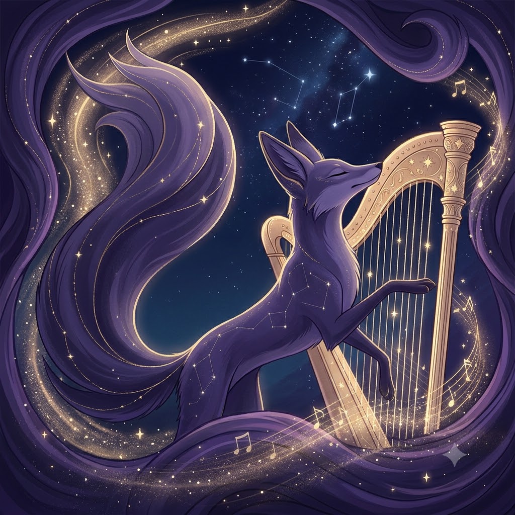 Sonata, the KitsuneDen fox, playing a golden harp among the stars